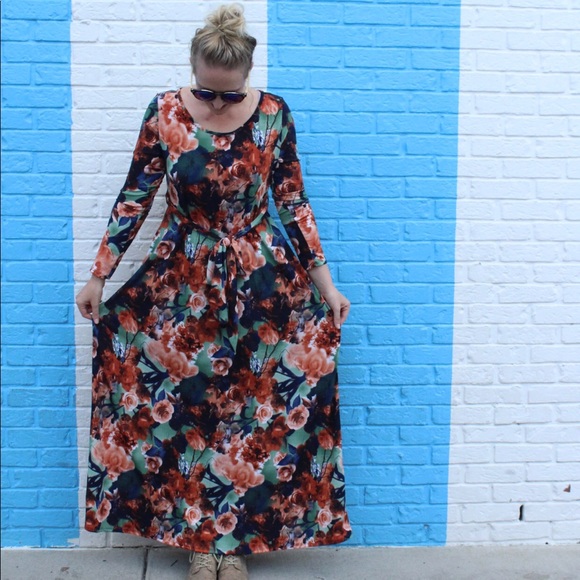 navy green orange floral maxi dress half sleeves - Picture 2 of 2